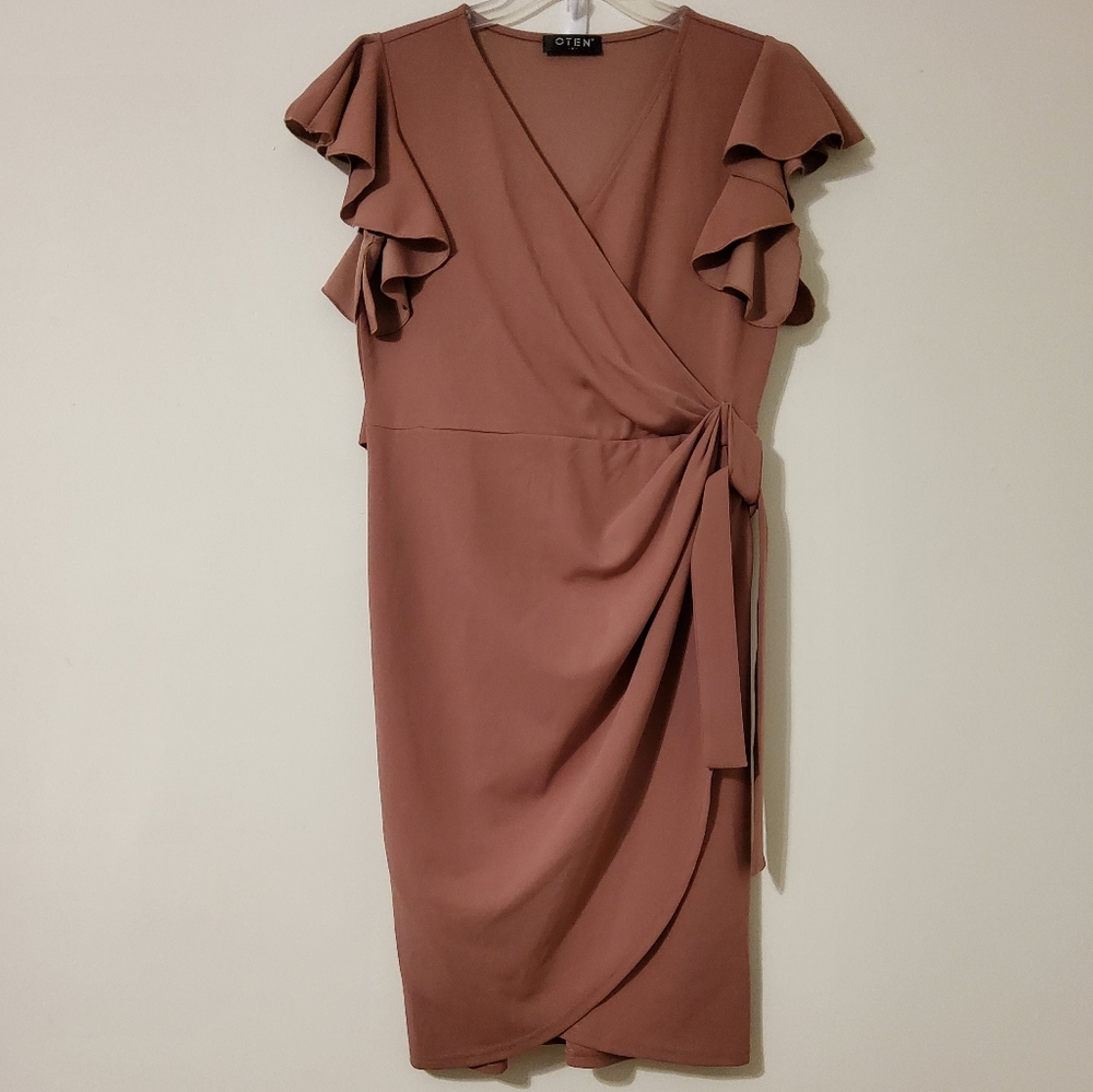 Oten Mauve Ruffle Sleeves Tie Faux Wrap Sheath Dress